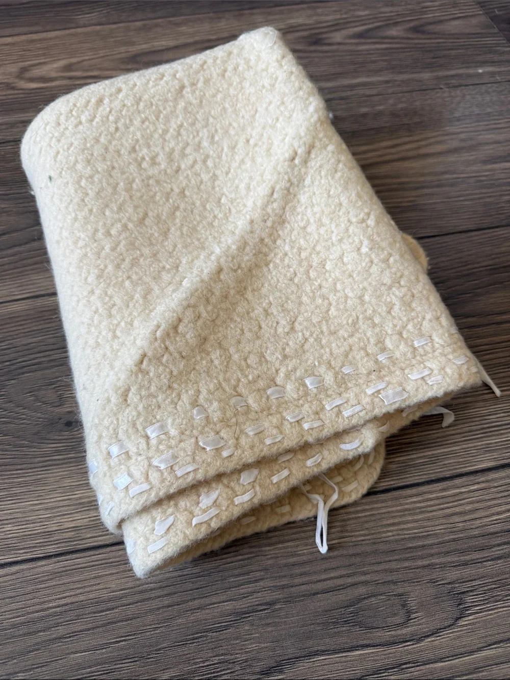 Vintage Cream Wool Baby Blanket Hand Laced Satin Ribbon 24x31